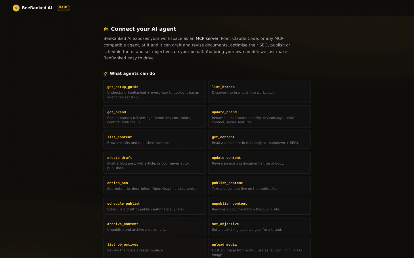 The Connect your AI agent page, listing the MCP tools an agent can use to draft, optimize, and publish.