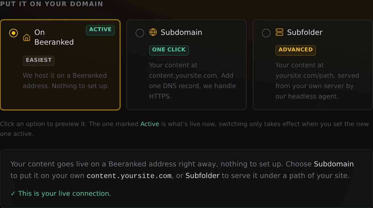 The Connect your site chooser in Settings, with three options: On Beeranked (easiest), Subdomain (one click), and Subfolder (advanced)