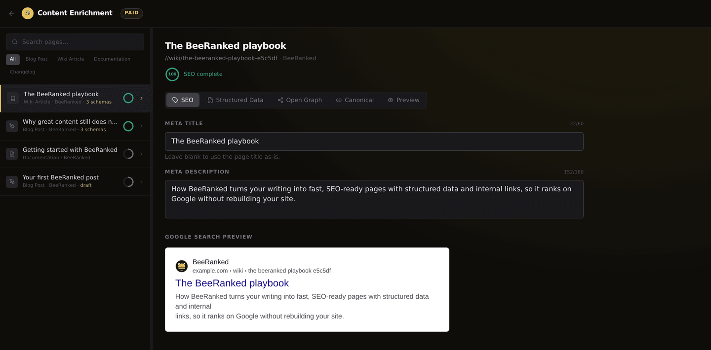 The Content Enrichment page showing the meta title and description fields with a live Google search preview.