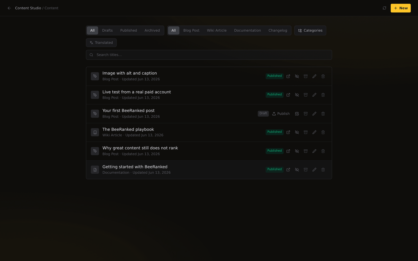The Content list with status and type filters, a Categories button, and per-page actions.