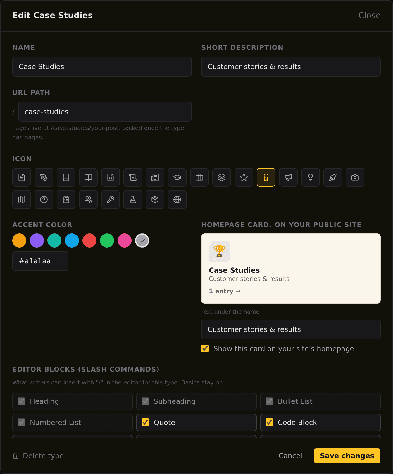 The BeeRanked content type editor with a custom Case Studies type: name, URL path, icon, accent color, homepage card preview and editor blocks