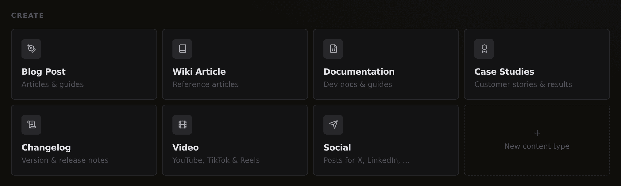 The BeeRanked dashboard CREATE grid showing built-in content types plus a custom Case Studies type and a New content type tile