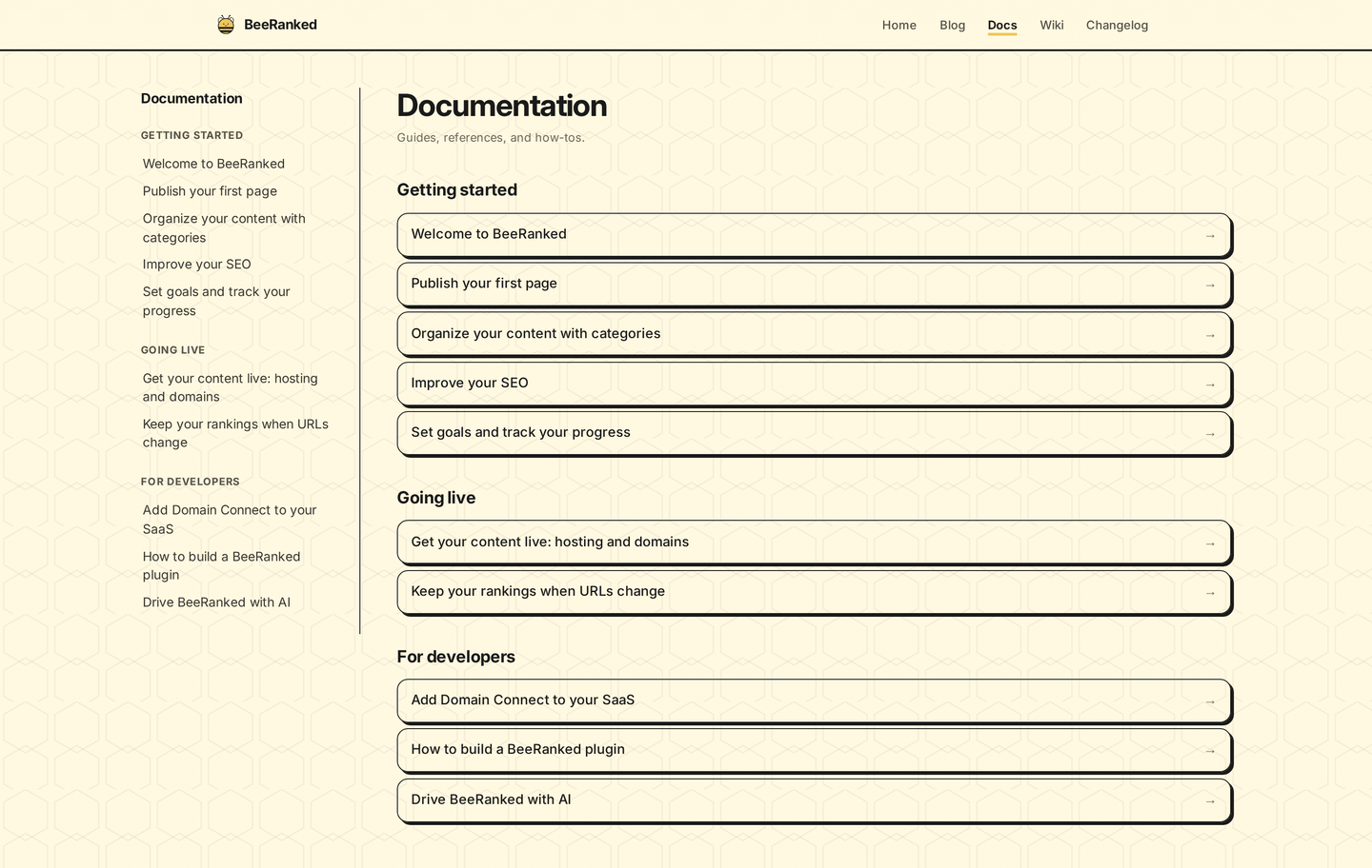 A BeeRanked documentation section rendered with a grouped sidebar, section index and per-page navigation
