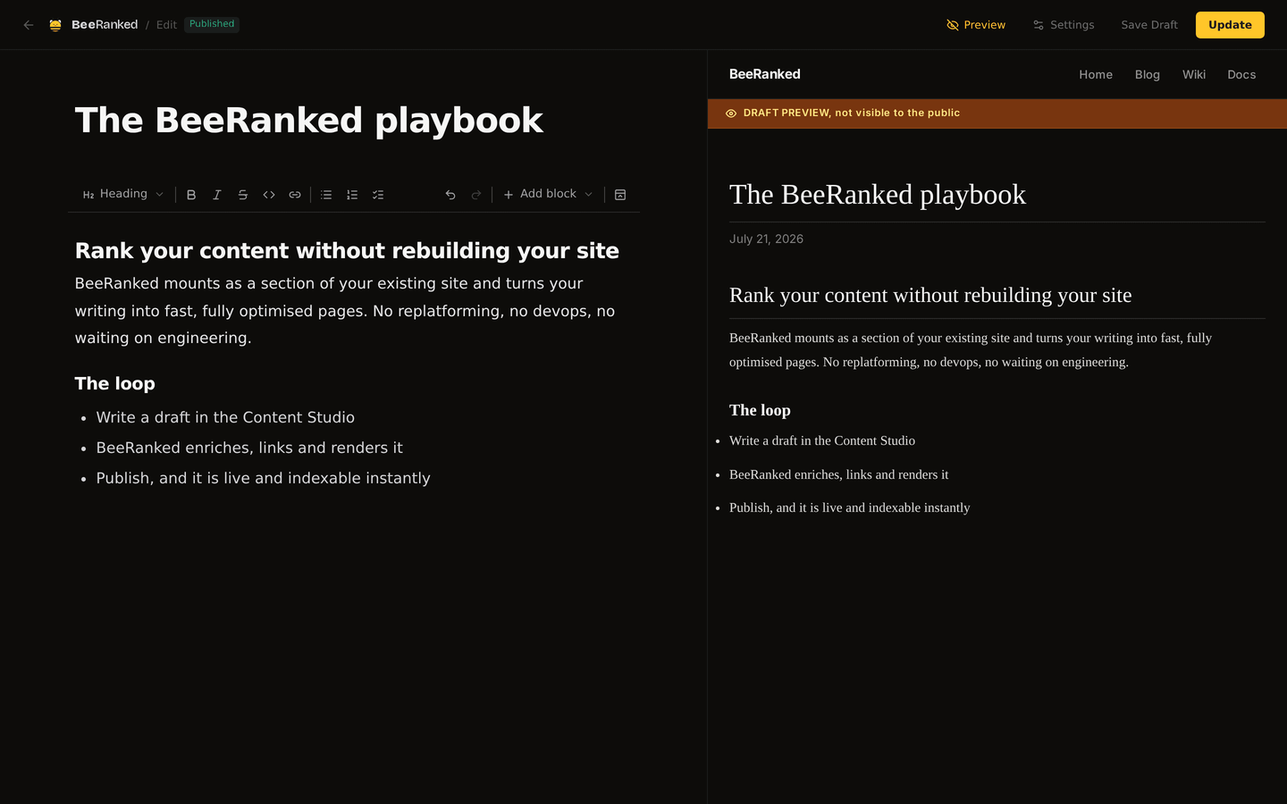 The editor's split-screen preview showing the draft rendered on the live site, with a banner reading draft preview not visible to the public