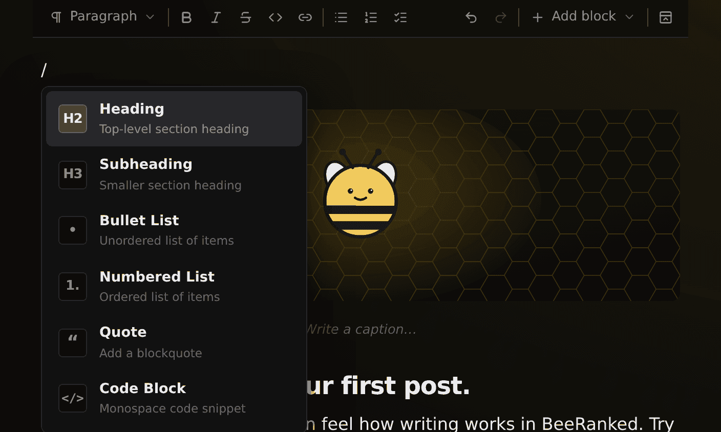 The BeeRanked editor with the slash command menu open, listing Heading, Subheading, Bullet List, Numbered List, and Code Block