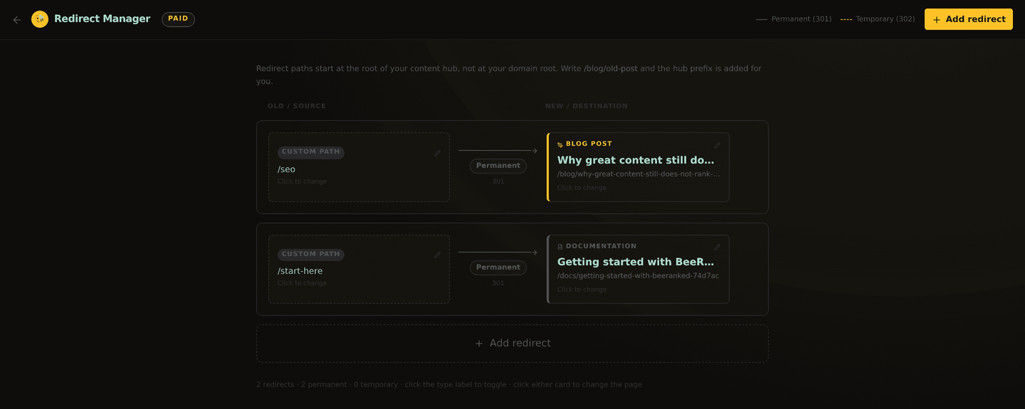 The Redirects manager, mapping each old URL on the left to its new destination on the right.