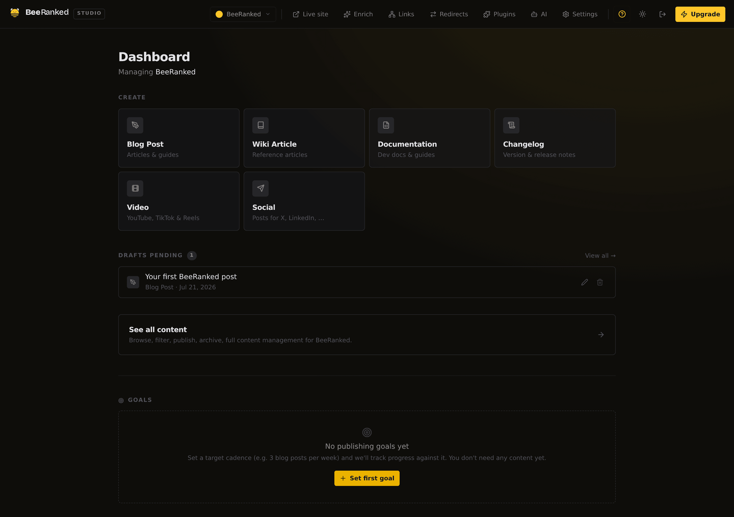 The BeeRanked Studio dashboard, where you create content, see pending drafts, and track publishing goals.