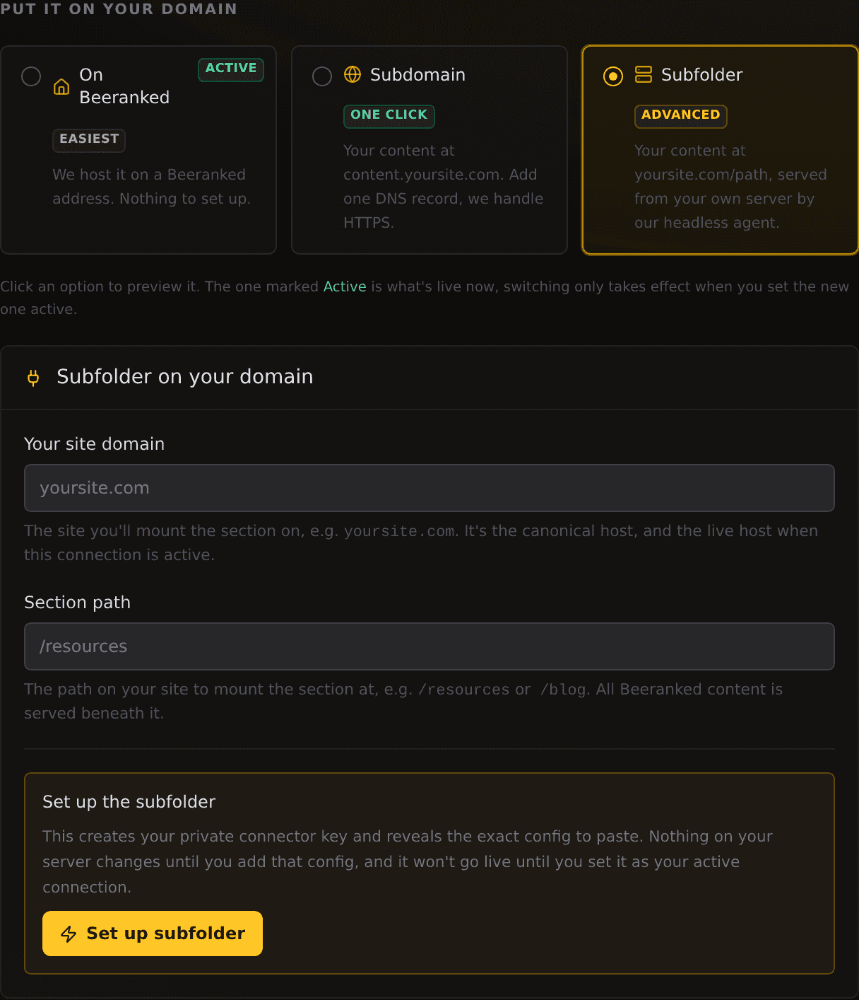 The Subfolder setup card with fields for your site domain and the path to mount, and a Set up subfolder button