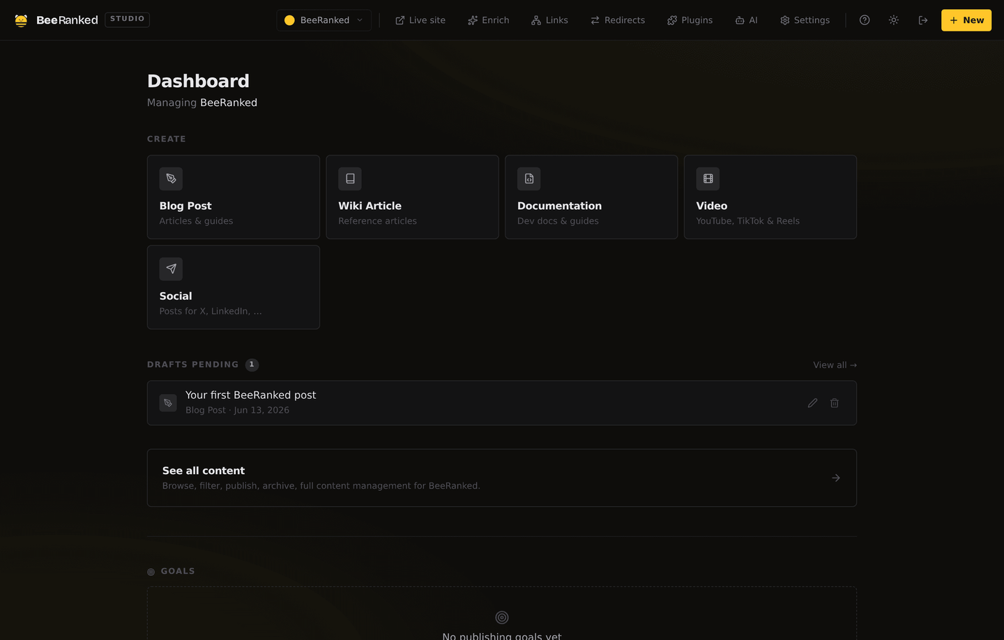The BeeRanked dashboard with cards to create blog posts, wiki articles, docs, videos and social, plus drafts and SEO goals