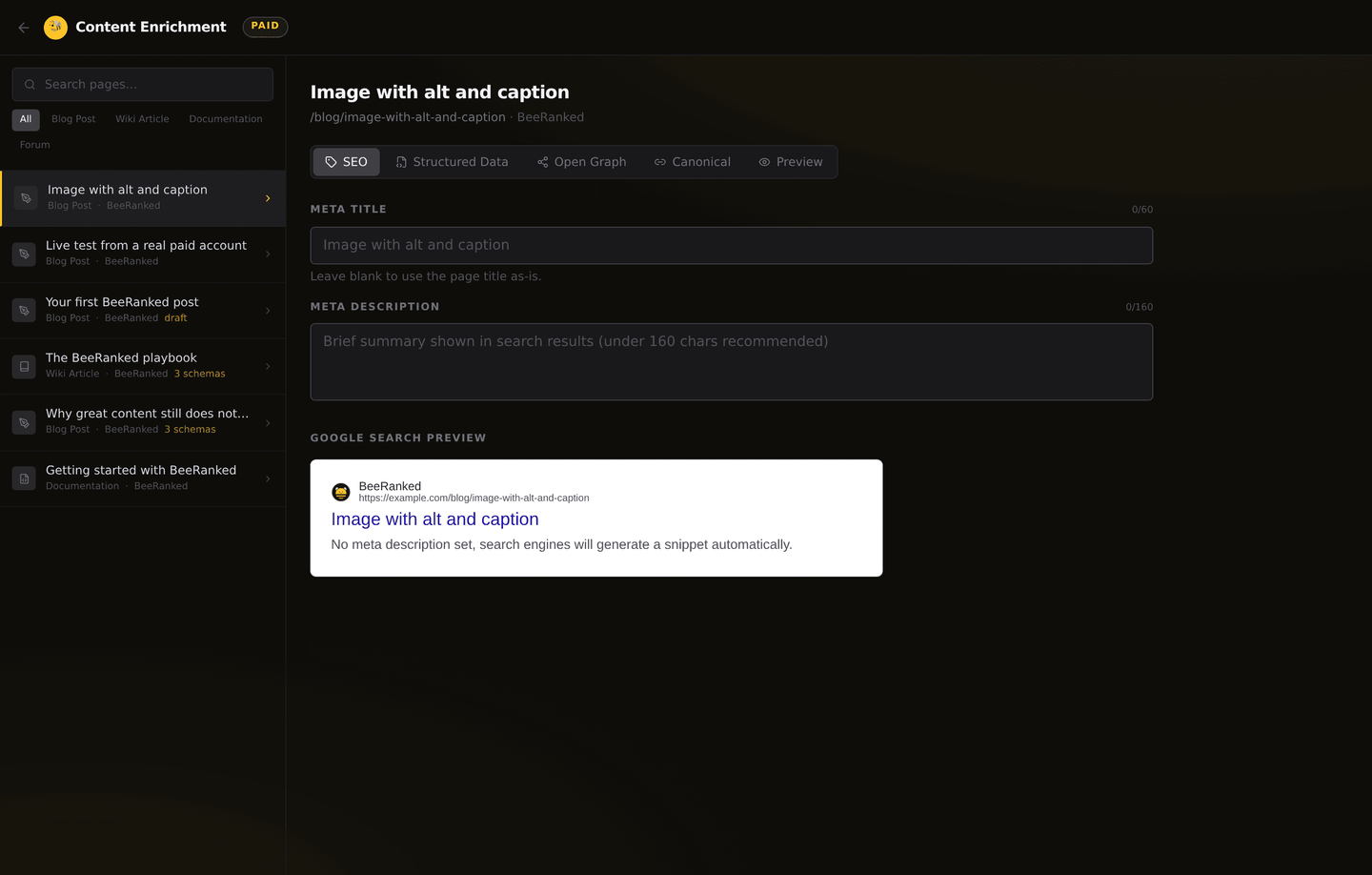 The Content Enrichment page with SEO, Structured Data, Open Graph, Canonical and Preview tabs, a meta title and description, and a live Google search preview