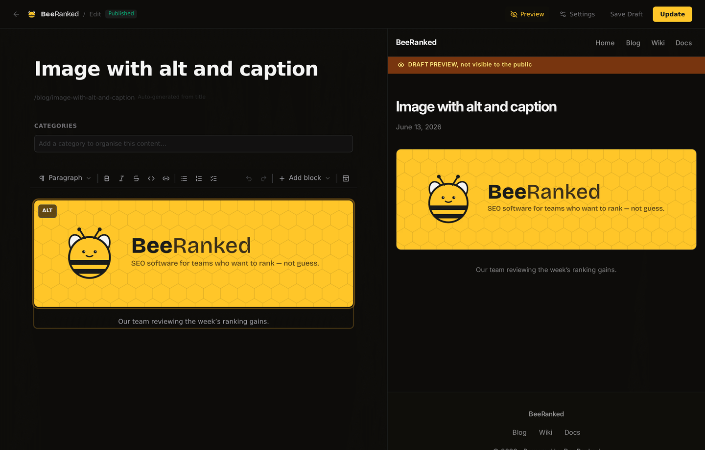 The editor's split-screen preview showing the draft rendered on the live site, with a banner reading draft preview not visible to the public